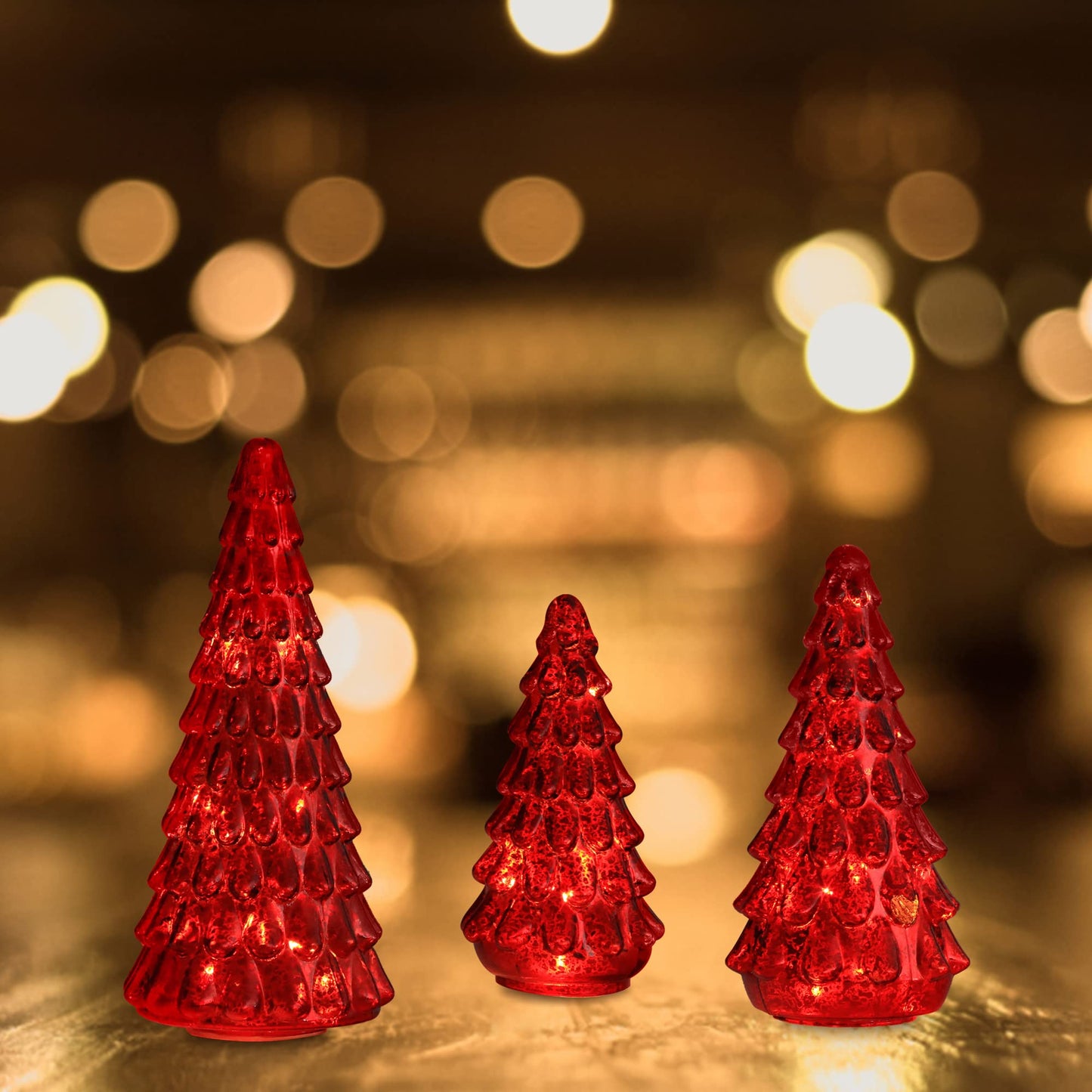 Costyleen 3PCS Christmas Ornaments Tree Set, Tower Shaped Glass Xmas Tree, Mercury Glass Tabletop Christmas Tree Decoration with LED Lights Home Table Decor Festive Gift 11.8in, 10.23in, 7.8in, Red