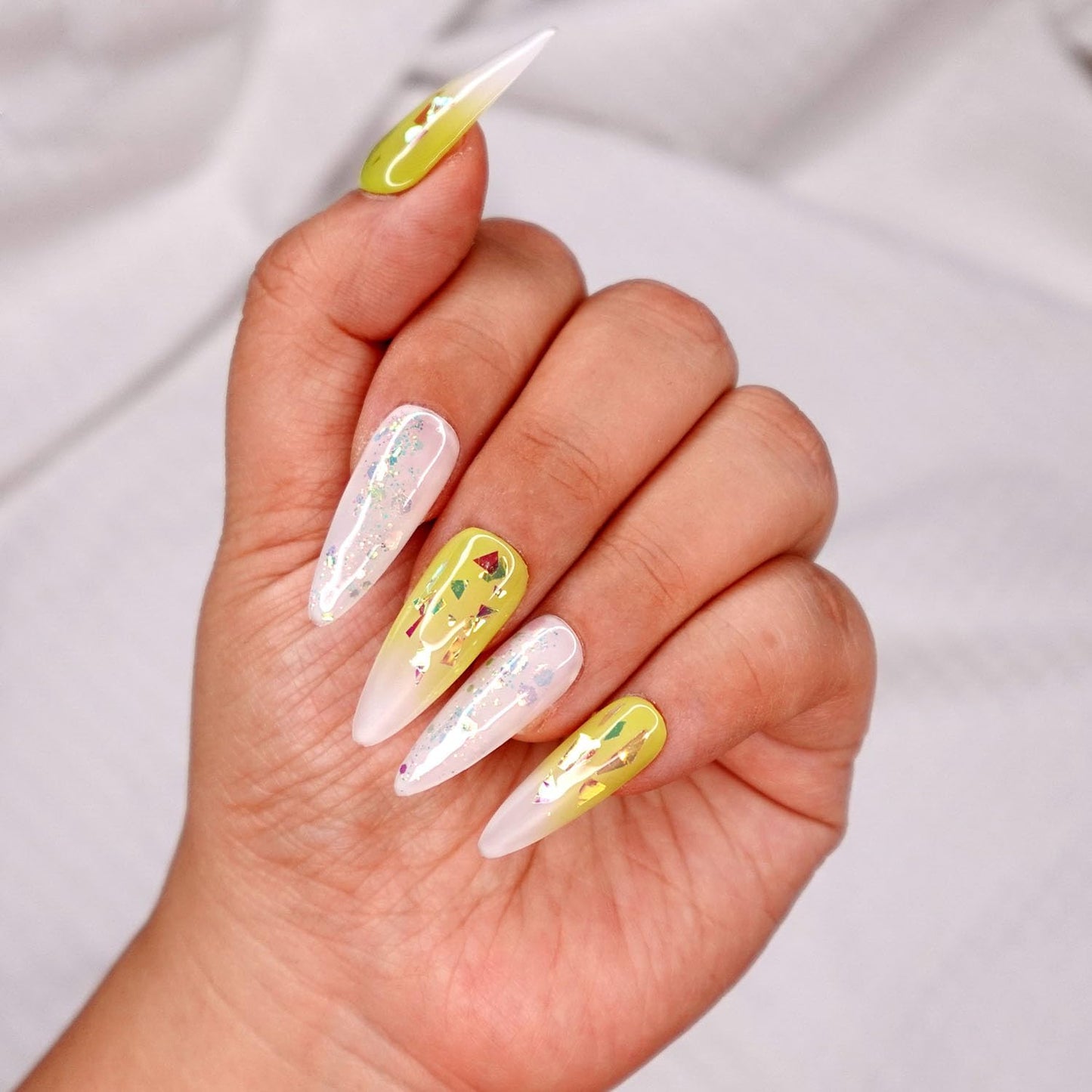 10 Pcs Handmade Press on Nails (X-Small, Iced Lime - French Ombre Lime Green and Shattered Glass Jelly White Glitter Mix Stiletto Nails) A117XS