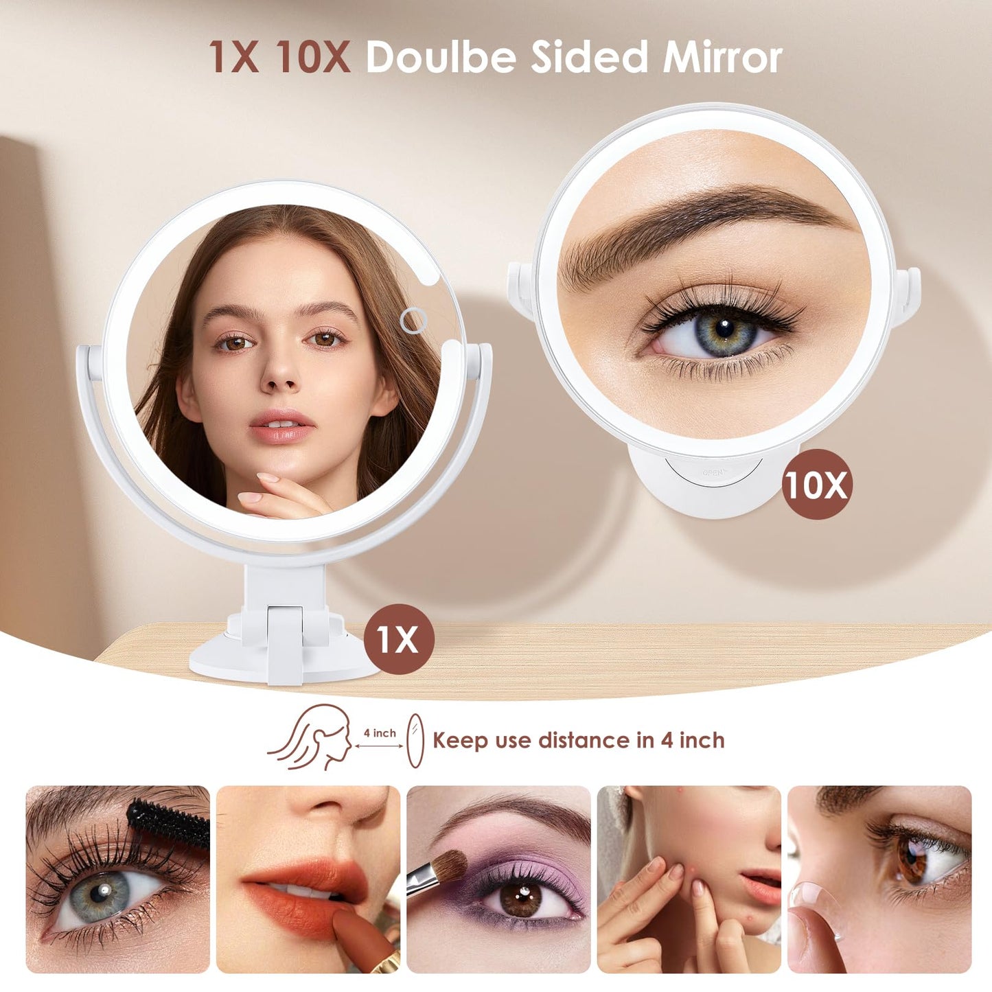 1X 10X Magnifying Shower Mirror with Lights, Rechargeable Lighted Manification Shaving Mirror No Drilling Locking Suction Mount, Double Sided 360° Bathroom Mirror for Men, Tabletop Makeup Mirror