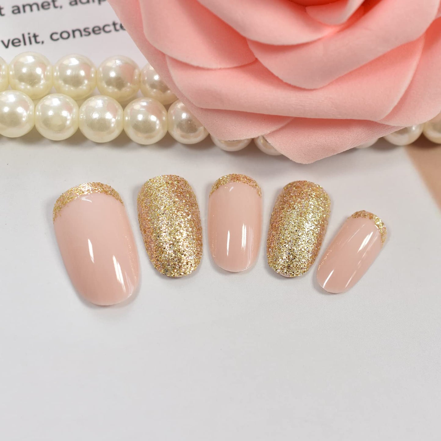 Golden Glitter Light Pink Oval Fake Nails Daily Style Glossy Short Nail Art Tips Press on Nails Shimmer Manicure Tips for daily Wear With 24Pcs Adhesive Tabs Mini Files Woody Stick for Women Girls Gift