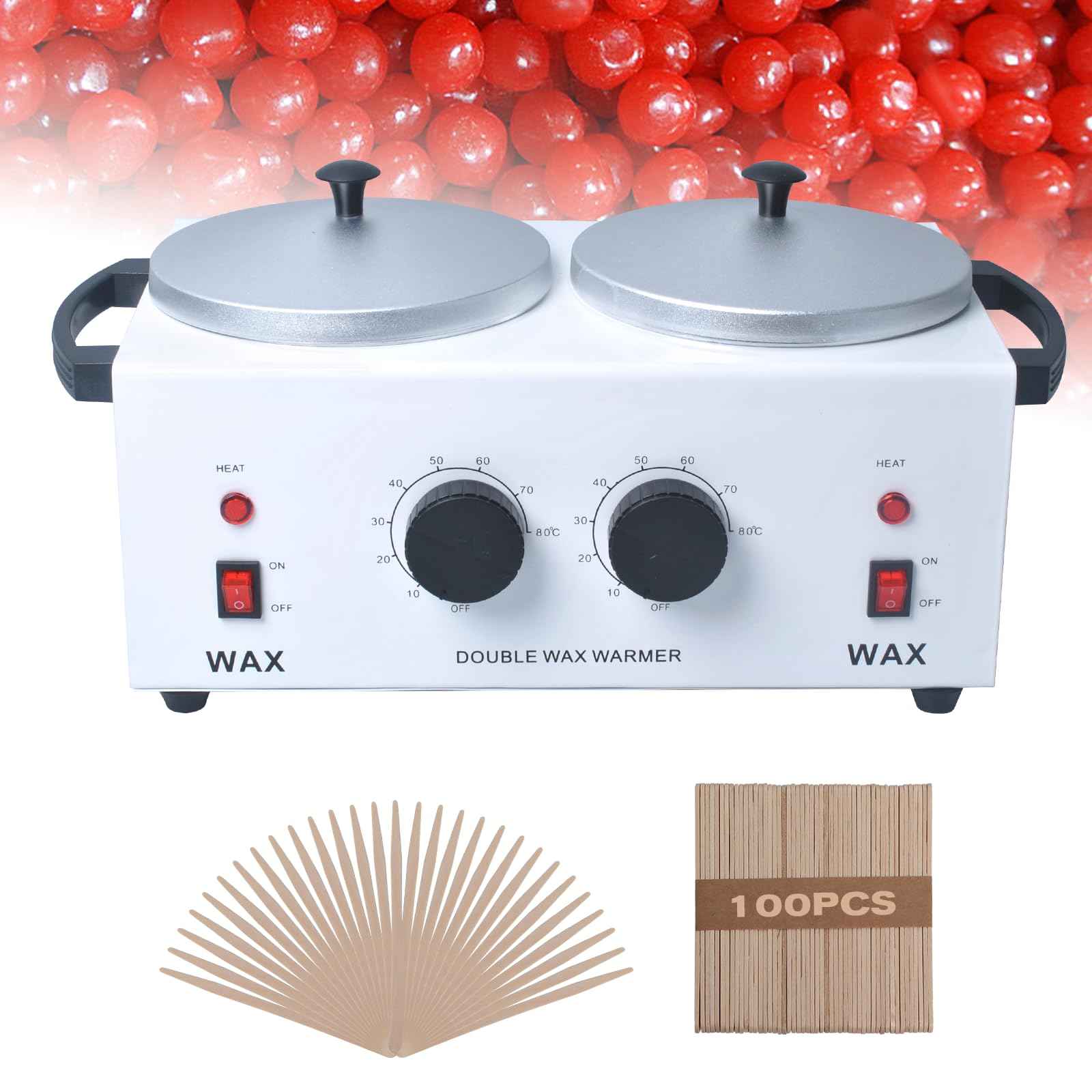 Wax Warmer Double Pot, Professional Electric Heater for Facial, Body, Spa, and Salon, 1.2L Dual Adjustable Temperature with 100 Wooden Craft Sticks, Hair Removal