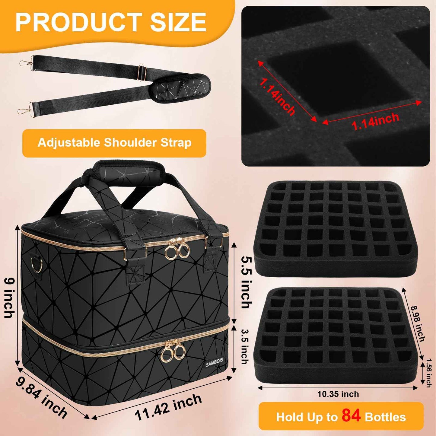 Sambois Nail Polish Organizer Bag Holds 84 Bottles (15ml/0.5 fl.oz)& Nail Lamp, PU Leather Nail Supplies Organizer with Holder& Shoulder Strap, Portable Travel Nail Kit Storage Carrying Case (Black)