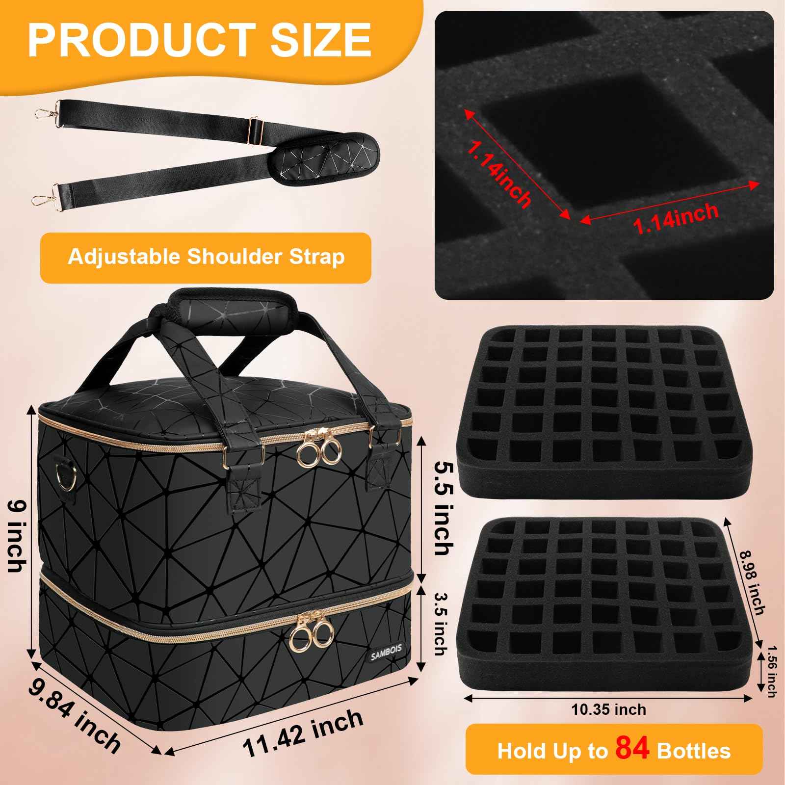 Sambois Nail Polish Organizer Bag Holds 84 Bottles (15ml/0.5 fl.oz)& Nail Lamp, PU Leather Nail Supplies Organizer with Holder& Shoulder Strap, Portable Travel Nail Kit Storage Carrying Case (Black)