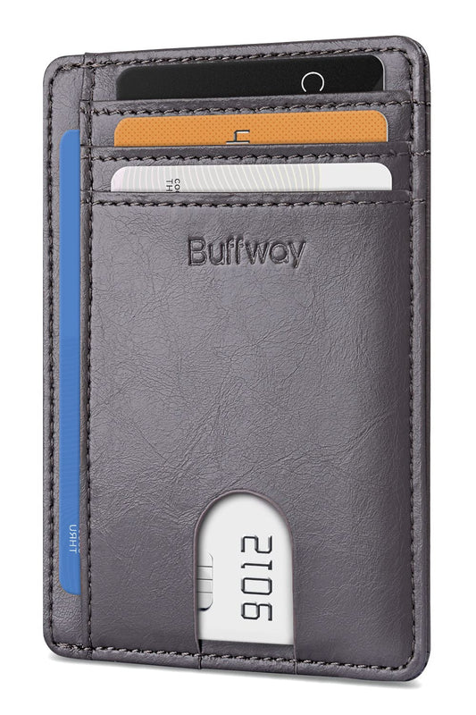 Buffway Slim Minimalist Front Pocket RFID Blocking Leather Wallets for Men and Women - Alaska Grey