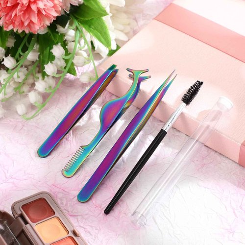 Baderke 5 Pcs Lash Applicator Tool Set Lash Tweezers for DIY Individual Lash Clusters Application and Removal Straight and Curved Eyelash Extension Tweezers with Storage Box and Eyebrush(Colorful)