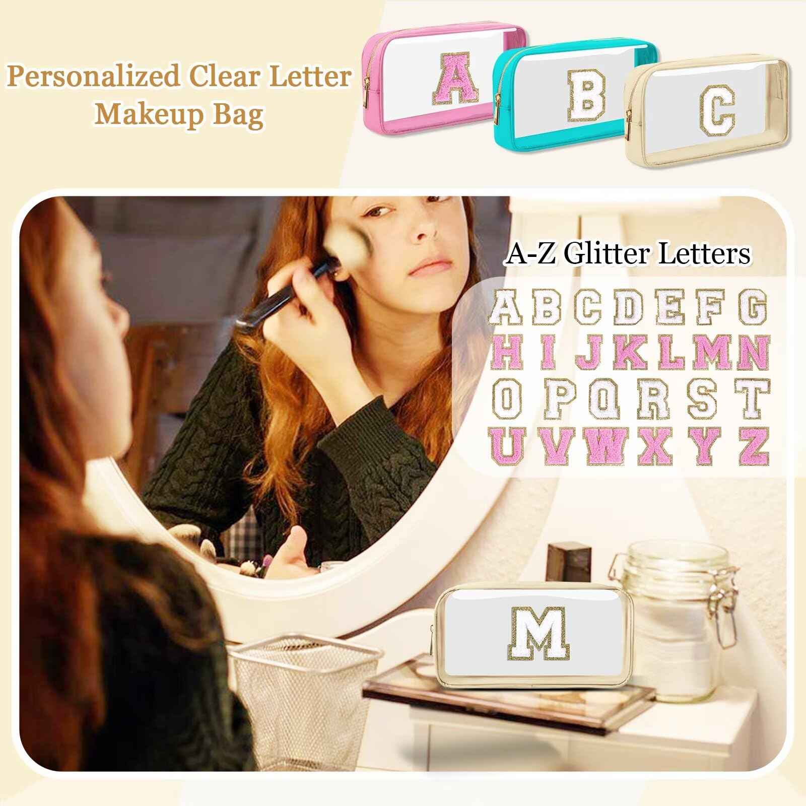 Small Clear Personalized Initial Letter Makeup Bag, A-Z Chenille Patch Preppy Nylon Cosmetic Bag with Zipper, TSA Approved Transparent Waterproof Travel Toiletry Bag Travel Essentials for Women