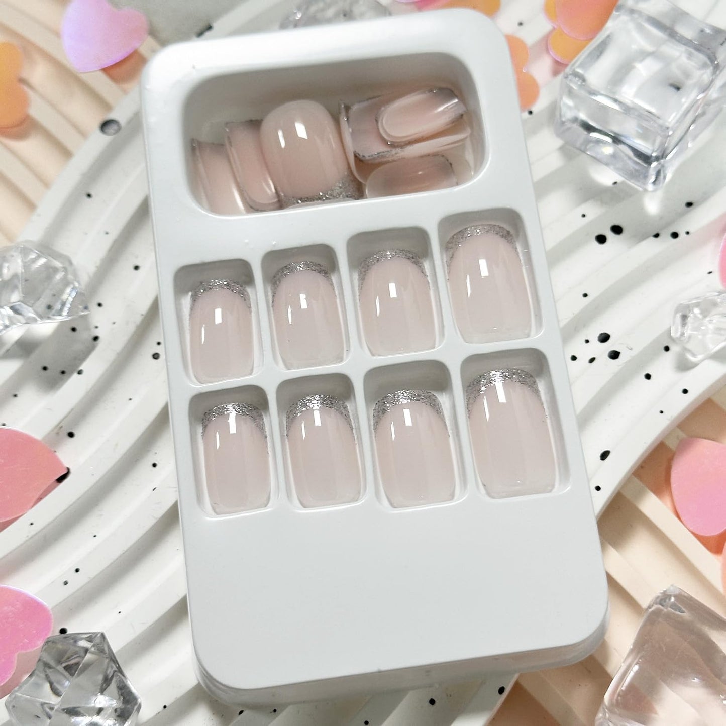 24Pcs French Tip Press on Nails Short Square Fake Nails with Silver Glitter Design False Nail Tips Acrylic Glossy Glue on Nails Cute Nail Art Decorations for Women