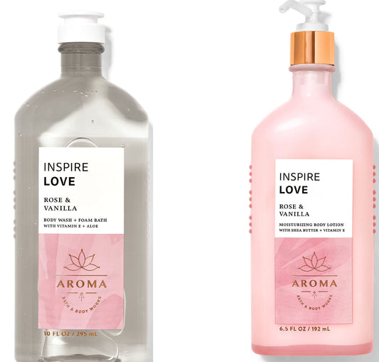 BATH AND BODY WORKS Aromatherapy LOVE - ROSE & VANILLA Duo Body Lotion and Body Wash Full Size