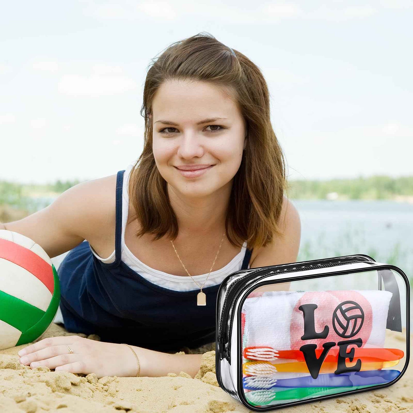 Abbylike 12 Pcs 7 x 4.7 x 2.4'' Cosmetic Bag Gifts Accessories for Makeup Bags Clear PVC Cheer Case Toiletry Zipper Pouch for Women Christmas Xmas (Volleyball Theme)