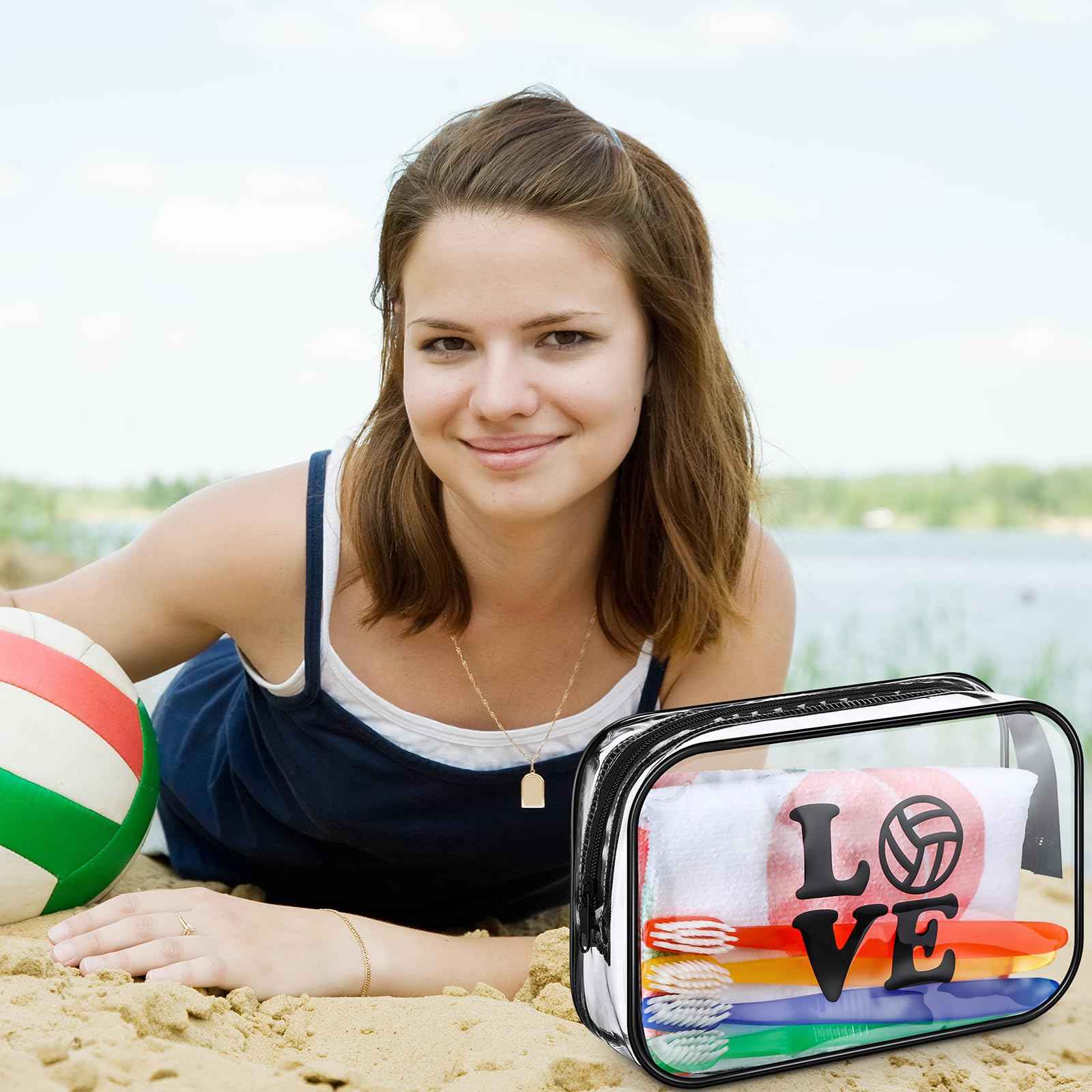 Abbylike 12 Pcs 7 x 4.7 x 2.4'' Cosmetic Bag Gifts Accessories for Makeup Bags Clear PVC Cheer Case Toiletry Zipper Pouch for Women Christmas Xmas (Volleyball Theme)