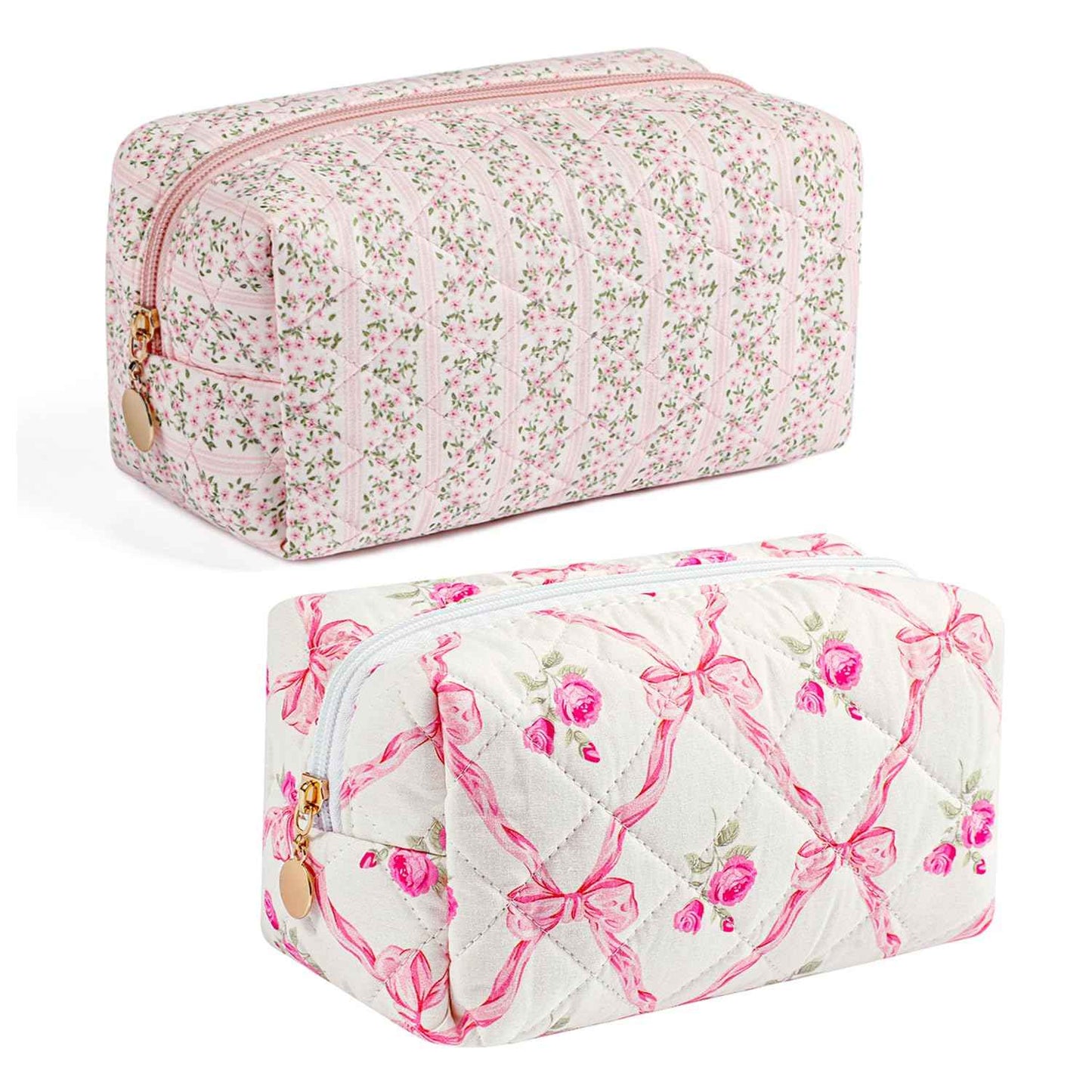 Gleyemor 2 Pieces Quilted Makeup Bag, Cute Floral Cosmetic Bag for Women, Cotton Make Up Bag Set, Flower Travel Toiletry Bag Tote Pouch Organizer (Pink Floral+ Pink Rose)