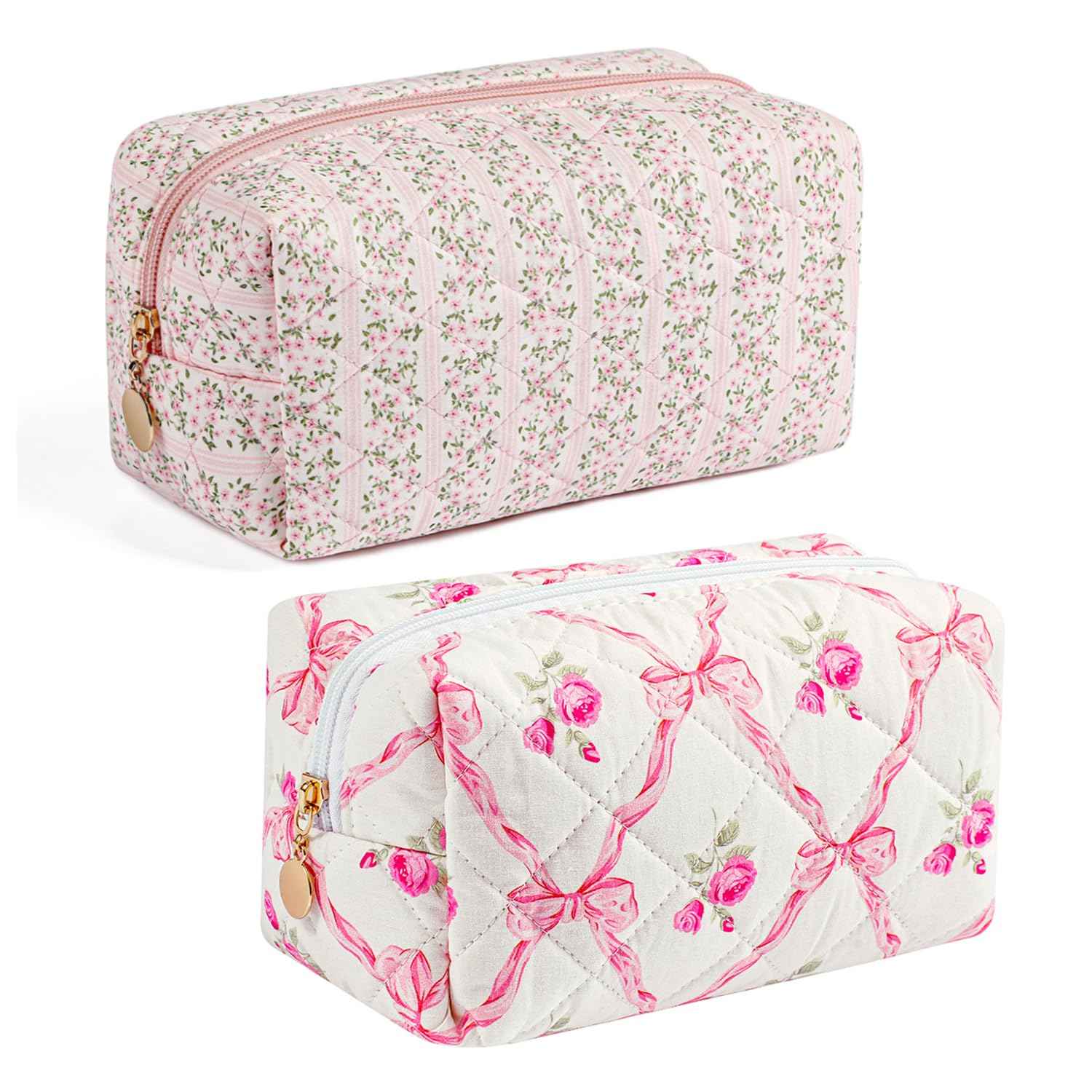 Gleyemor 2 Pieces Quilted Makeup Bag, Cute Floral Cosmetic Bag for Women, Cotton Make Up Bag Set, Flower Travel Toiletry Bag Tote Pouch Organizer (Pink Floral+ Pink Rose)