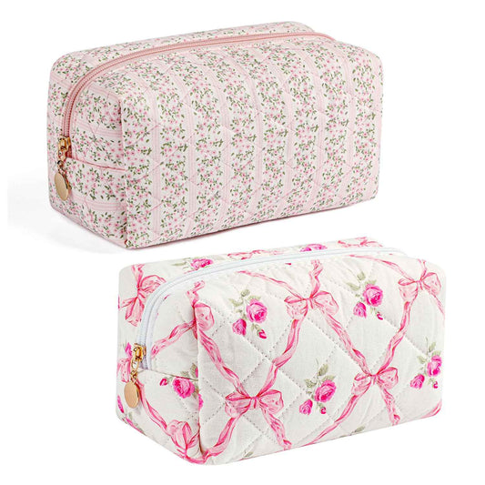 Gleyemor 2 Pieces Quilted Makeup Bag, Cute Floral Cosmetic Bag for Women, Cotton Make Up Bag Set, Flower Travel Toiletry Bag Tote Pouch Organizer (Pink Floral+ Pink Rose)