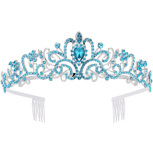 Tiara for Women Elegant Princess Crown with Combs Silver Crystal Tiara Crowns for Women Girls Tiaras for Women Bridal Wedding (Blue)