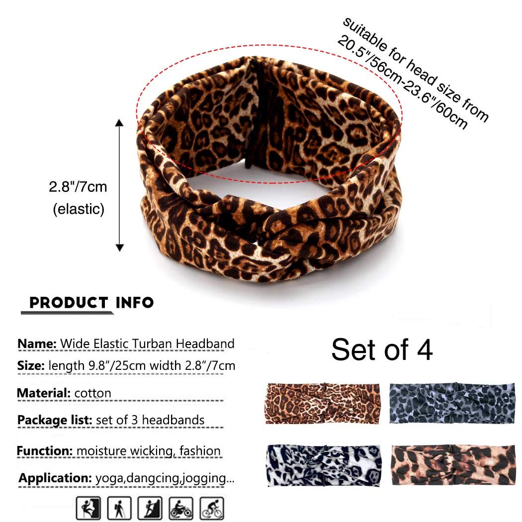 Fashband Boho Leopard Print Headbands Criss Cross Knotted Hair Bands Elastic Stretchy Twist Head Wraps Yoga Outdoor Head Scarfs Headpiece for Women Girls (Pack of 4)