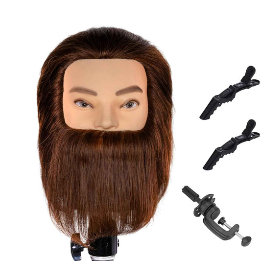 Male Mannequin Head 100% Human Hair Mannequin Head Cosmetology Mannequin Head with Stand Mannequin Head Human Hair Doll Head (Brown with beard)