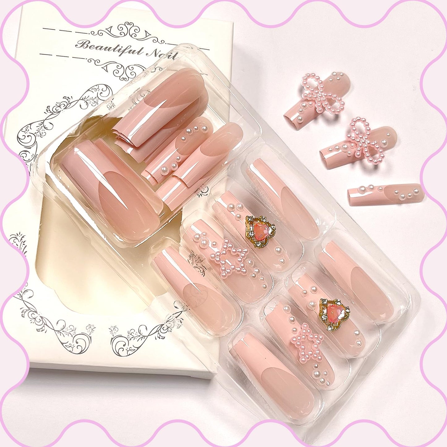 Long Press on Nails Pink French Tip Long Fake Nails Coffin Press on Nails Square False Nails with Pearl Bow Diamond Star Charm Design Acrylic Nails Press on Artificial Nails Stick on Nails For Women