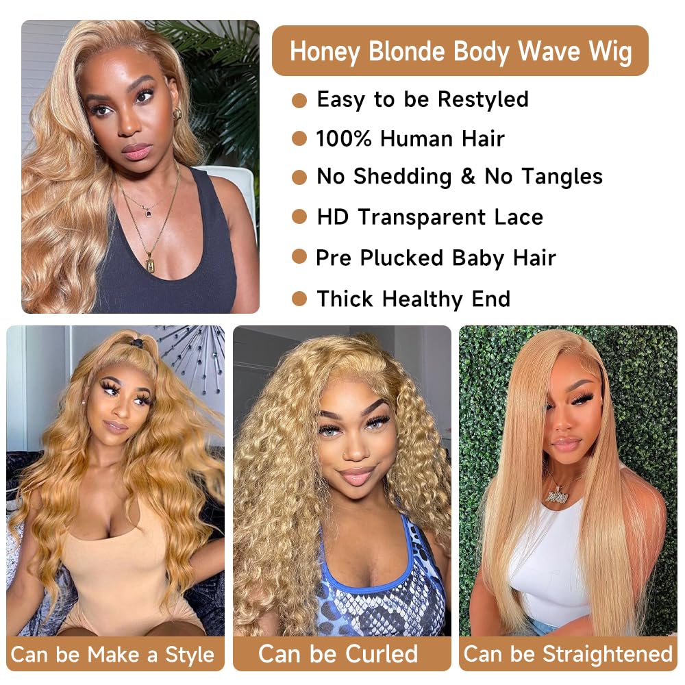 Loyom Honey Blonde Lace Front Wig Human Hair 27# Colored Human Hair Lace Front Wigs 13x4 Body Wave Glueless Lace Front Wigs Human Hair 180% Density 22 Inch