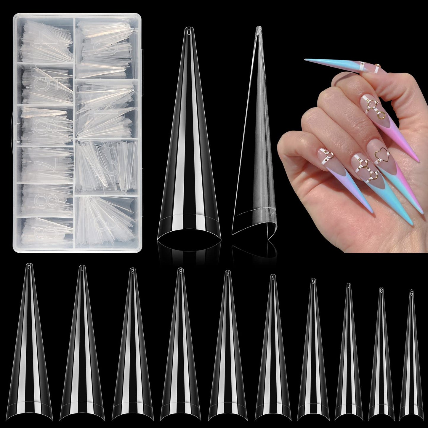 500Pcs Stiletto Nail Tips for Acrylic Nails, XL Long Clear False Nails Tips Soft Traceless, Half Cover Tapered Square False Nail Tips for Nail Extension Nail Art, Home DIY Nail Salon 10 Sizes