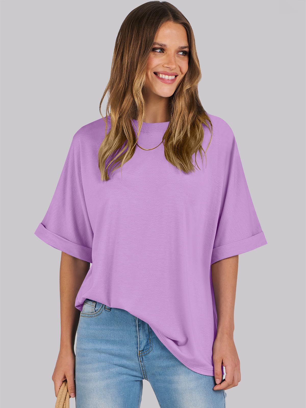 ANRABESS Women's Oversized T Shirts Short Sleeve Crewneck Summer Tops Casual Loose Basic Tee Shirts 2024 Trendy Clothes Lilac Small