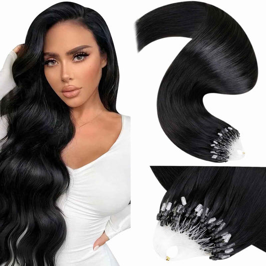 LaaVoo Micro Loop Hair Extensions Real Human Hair Black Micro Link Hair Extensions Human Hair 22 inch Jet Black Pre Bonded 50g/50s