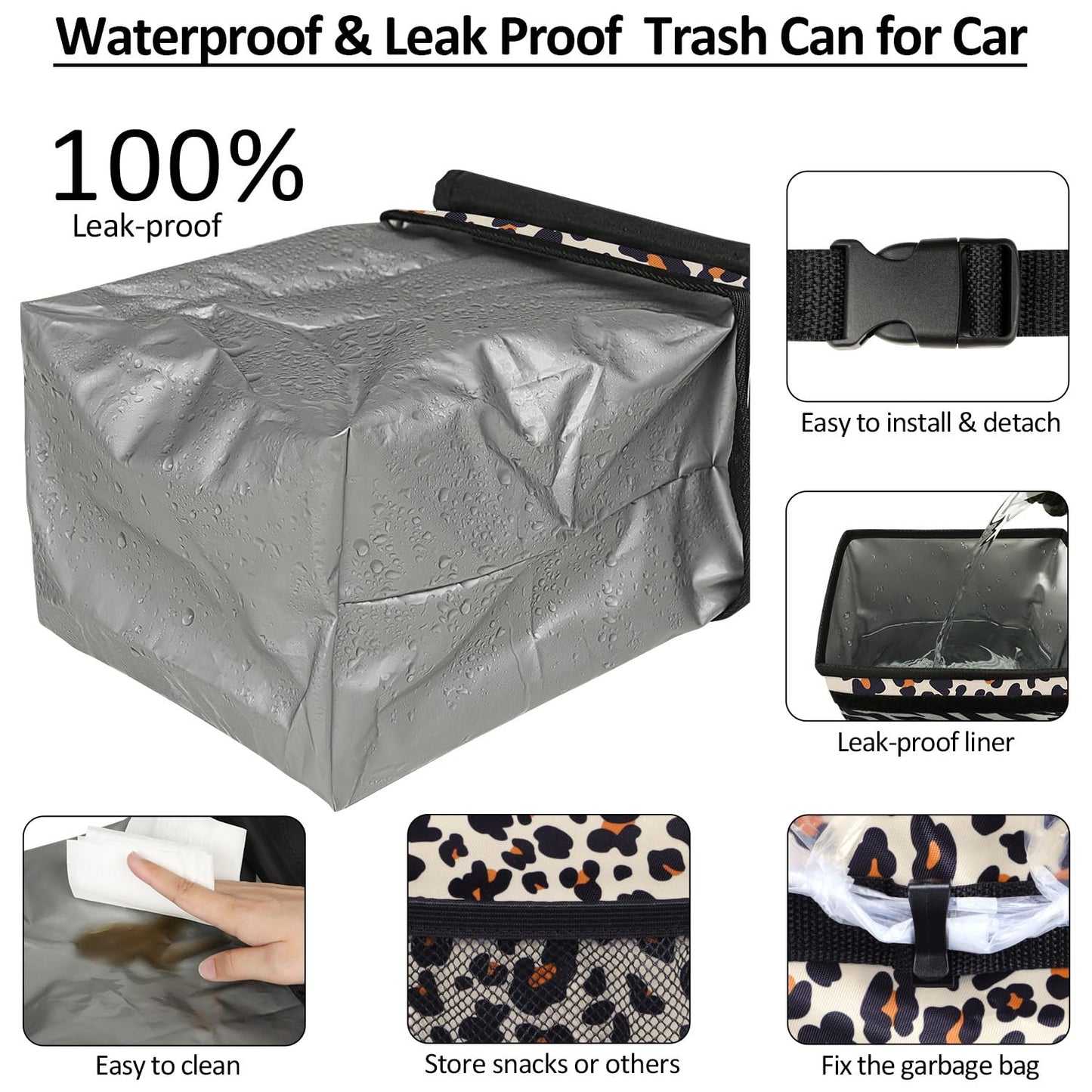 ELONGRIVER Car Trash Can Bin for Car Back Seat Leak Proof, Cute Car Trash Bag Hanging, Vehicle Trash Can for SUV Truck Van, Automotive Car Garbage Cans Front Seat Leopard Print