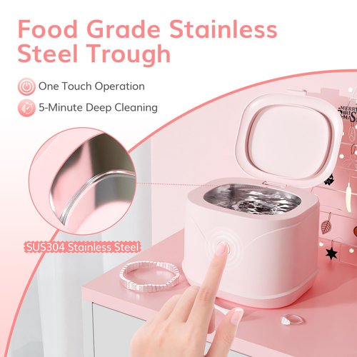 Sonic Denture Cleaner, 46kHz Professional Retainer Cleaner ROLWAY Jewelry Cleaner Machine, 220ml Sonic Cleaner Machine for Jewelry, Braces, Mouth Guard, Watch (Pink)