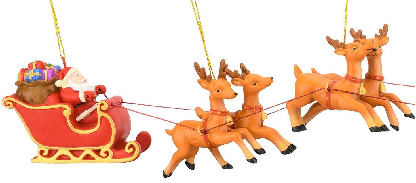 Tree Buddees Large 5 Piece Hand Painted Full Santa's Sleigh and 8 Reindeer Christmas Ornaments Set - 17.5 Inches Long