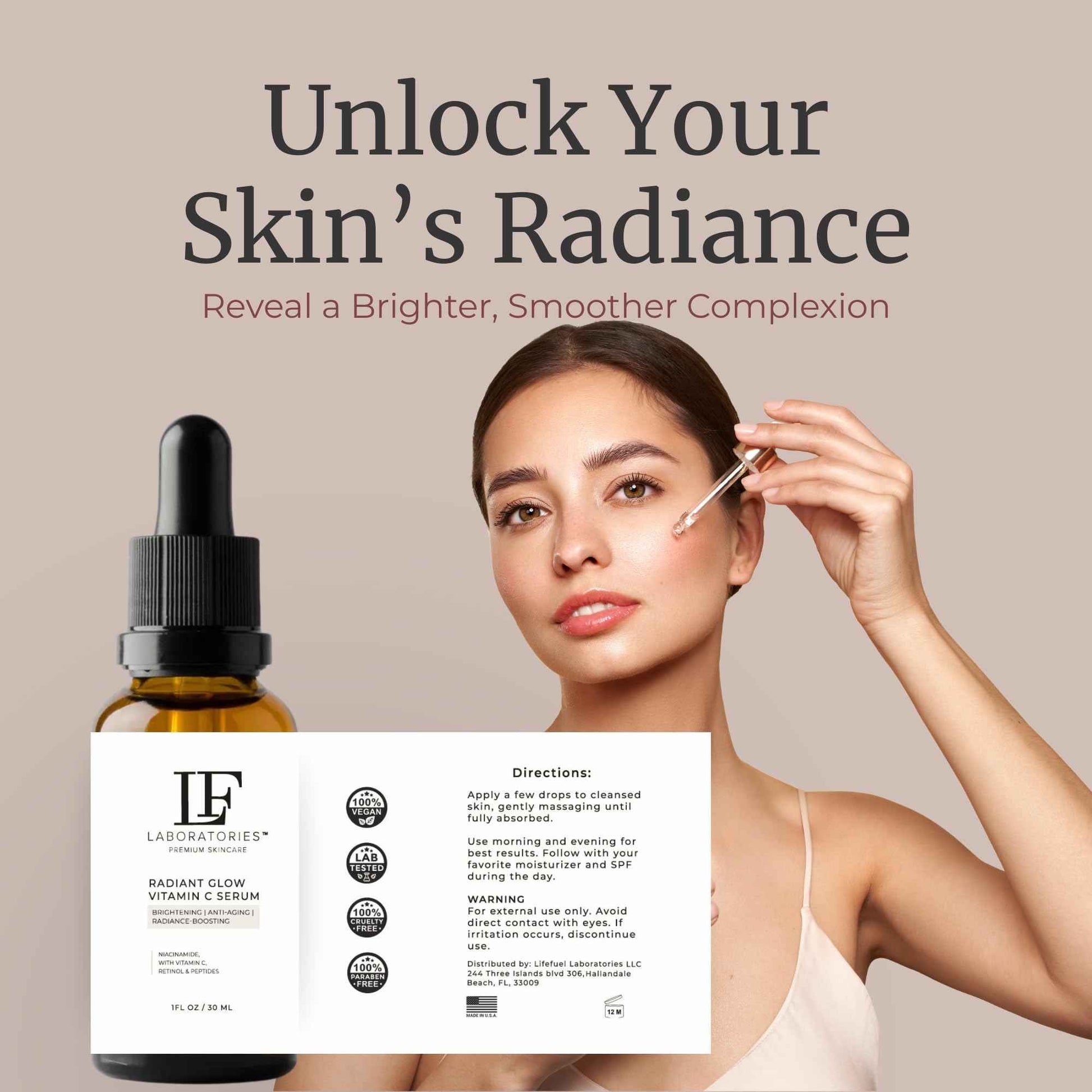 LF Laboratories Radiant Glow Vitamin C Serum with Retinol, Peptides, Niacinamide & Hyaluronic Acid – Brightening & Anti-Aging Face Serum for Dark Spots & Fine Lines – 1 fl oz / 30 ml