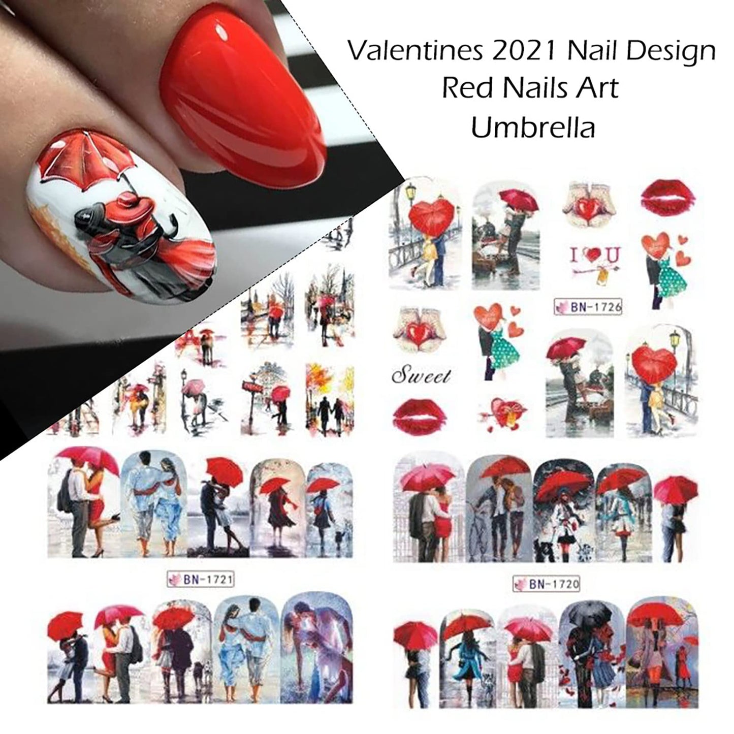 12 Sheets Valentine's Day Nail Stickers Love Tower Umbrella Patterns Design Water Transfer Nail Decals Holographic Art Sticker Decal Nail Art for Women DIY Supplies Manicure Decoration Nail Art Decal