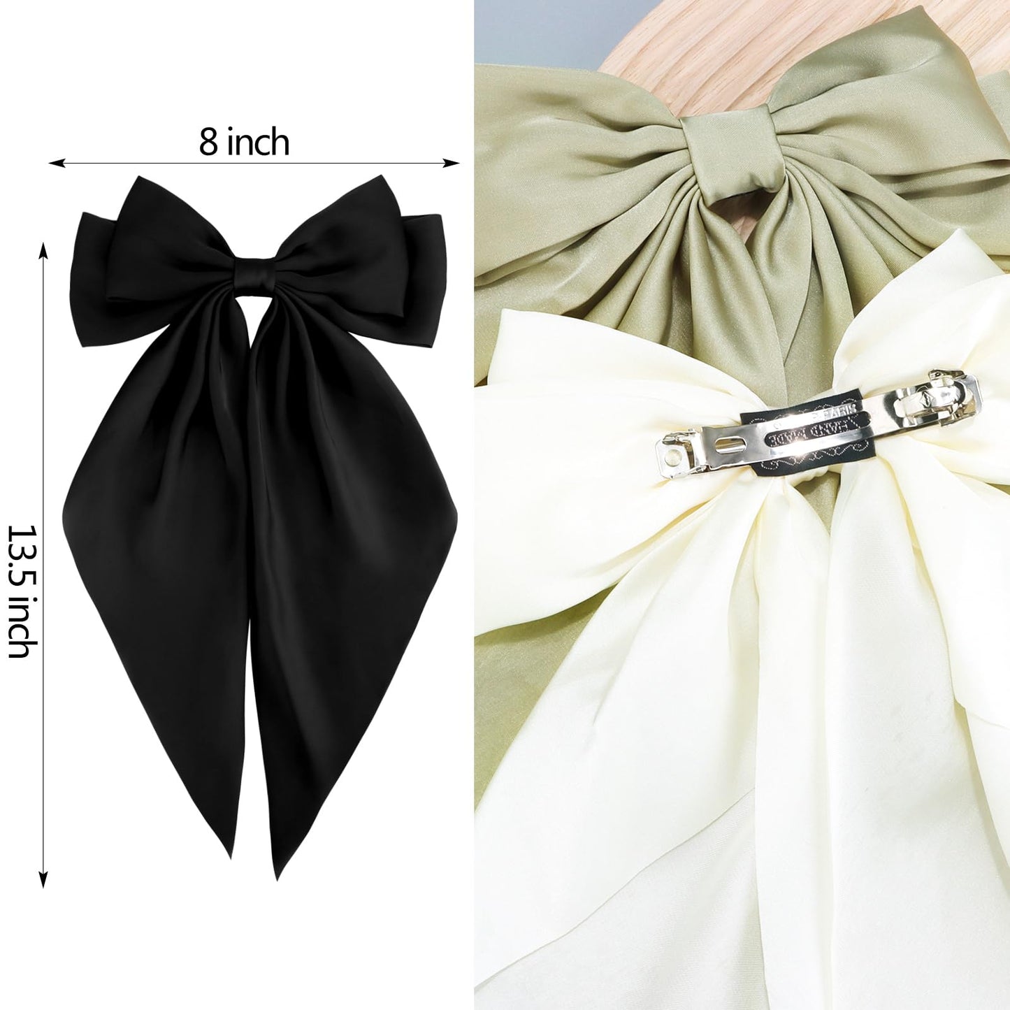 Velscrun Hair Bows for Women Girls 3Pcs White Black Green Silky Satin Large Bows Hair Clip Oversized Hair Ribbons Long Tail Big Bows Hair Accessories