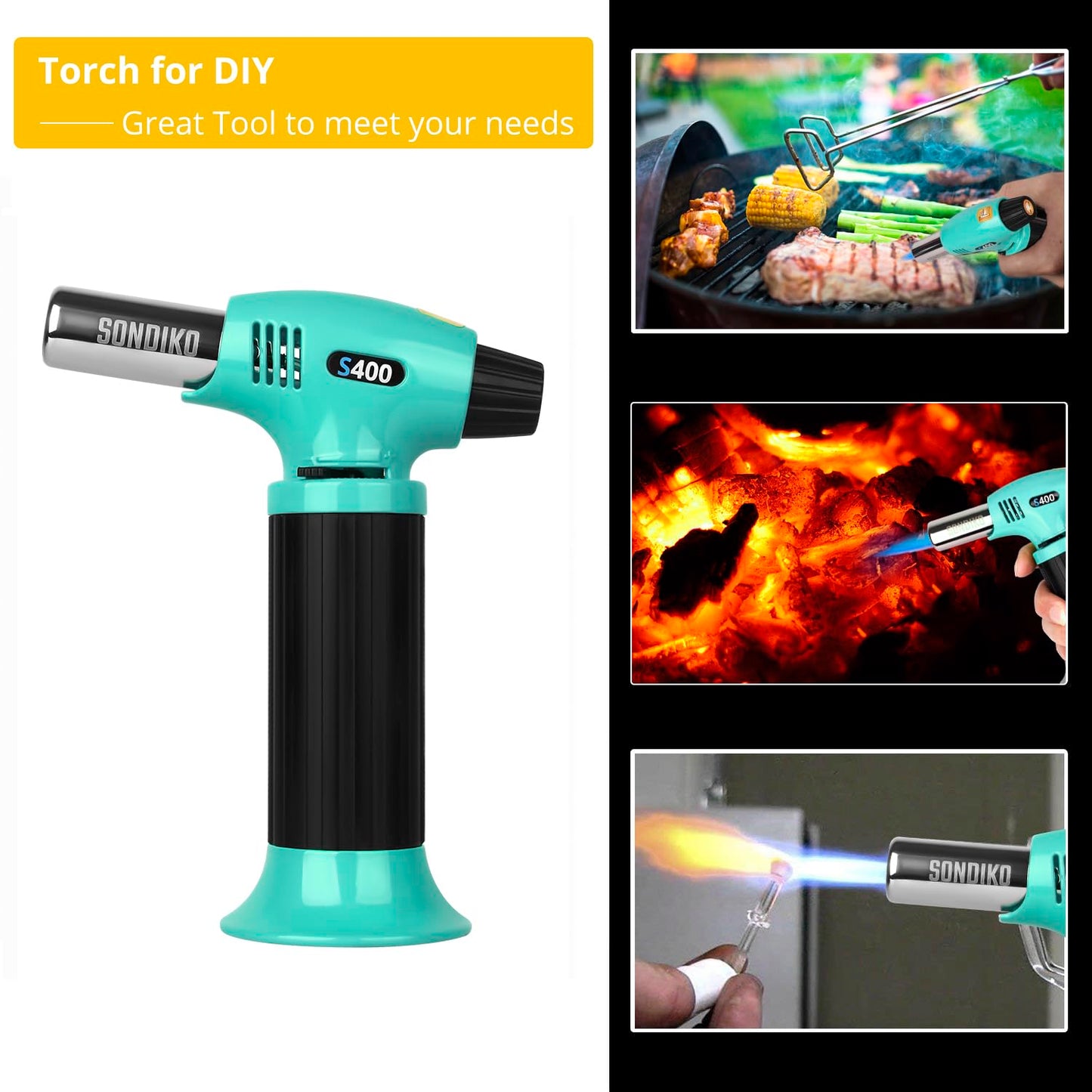 Sondiko S400 Butane Torch, Refillable Kitchen Lighter, Cyan & Black, Fits All Butane Tanks, Adjustable Flame for Creme Brulee & Baking—Butane Gas Is Not Included