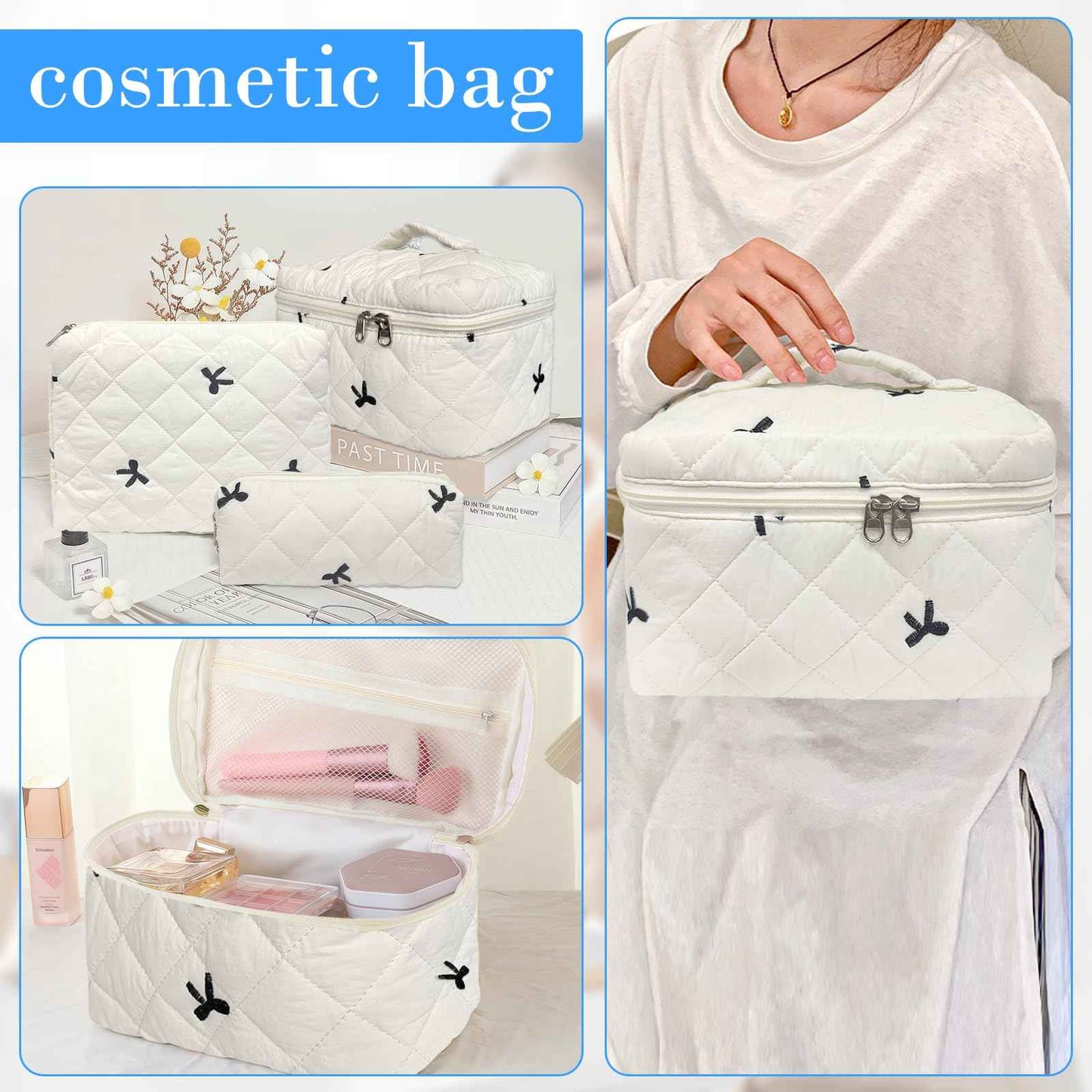 Quilted Makeup Bag, Large Capacity Travel Cosmetic Bag for Women and Girls, Aesthetic Storage for Daily and Travel Use (4pcs-embroidered Bow)