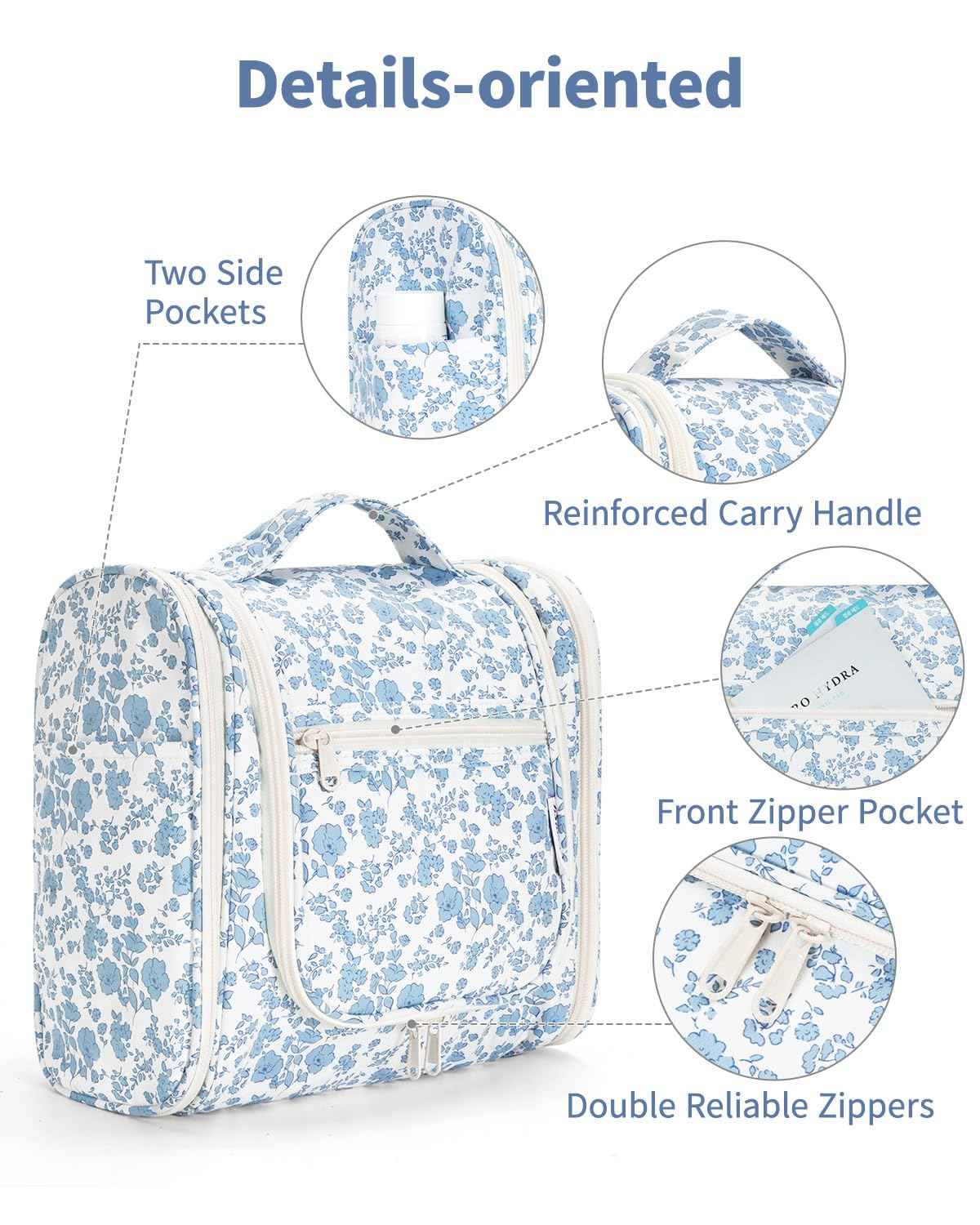 Narwey Hanging Toiletry Bag for Women Travel Makeup Bag Organizer Toiletries Bag for Cosmetics Essentials Accessories (Large, Little Blue Flower)