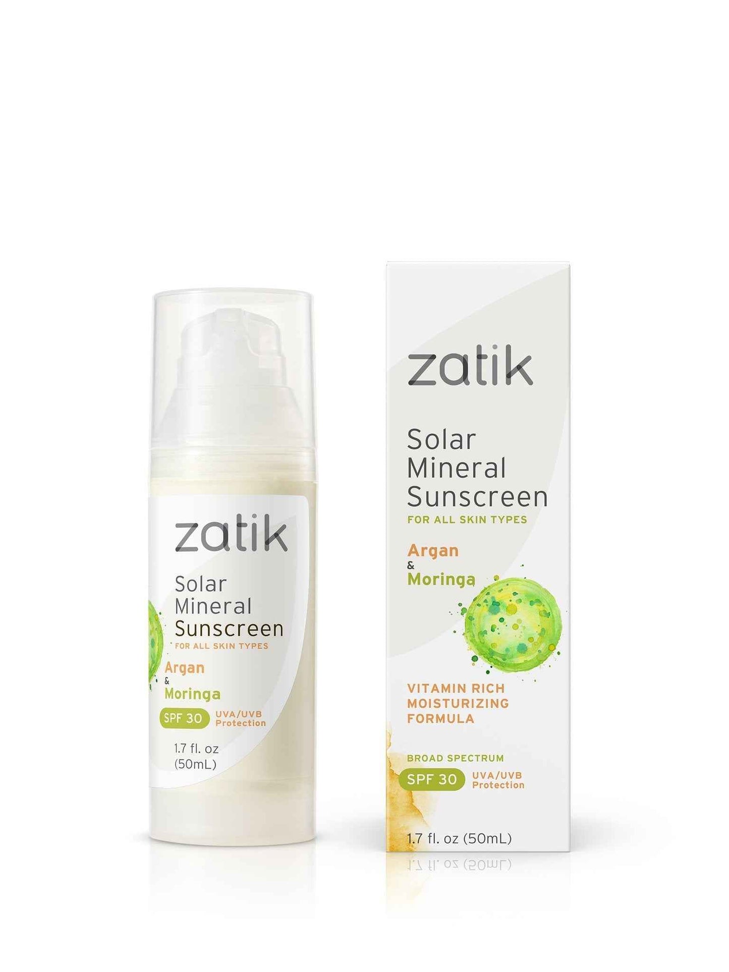 Zatik Naturals - Solar Mineral Sunscreen with Argan and Moringa, Vitamin and Mineral-Based Solar Protection, Vegan, Non-GMO, pH Balanced, FREE from Gluten, Soy, Alcohol. 1.7 fl oz, 50 ml