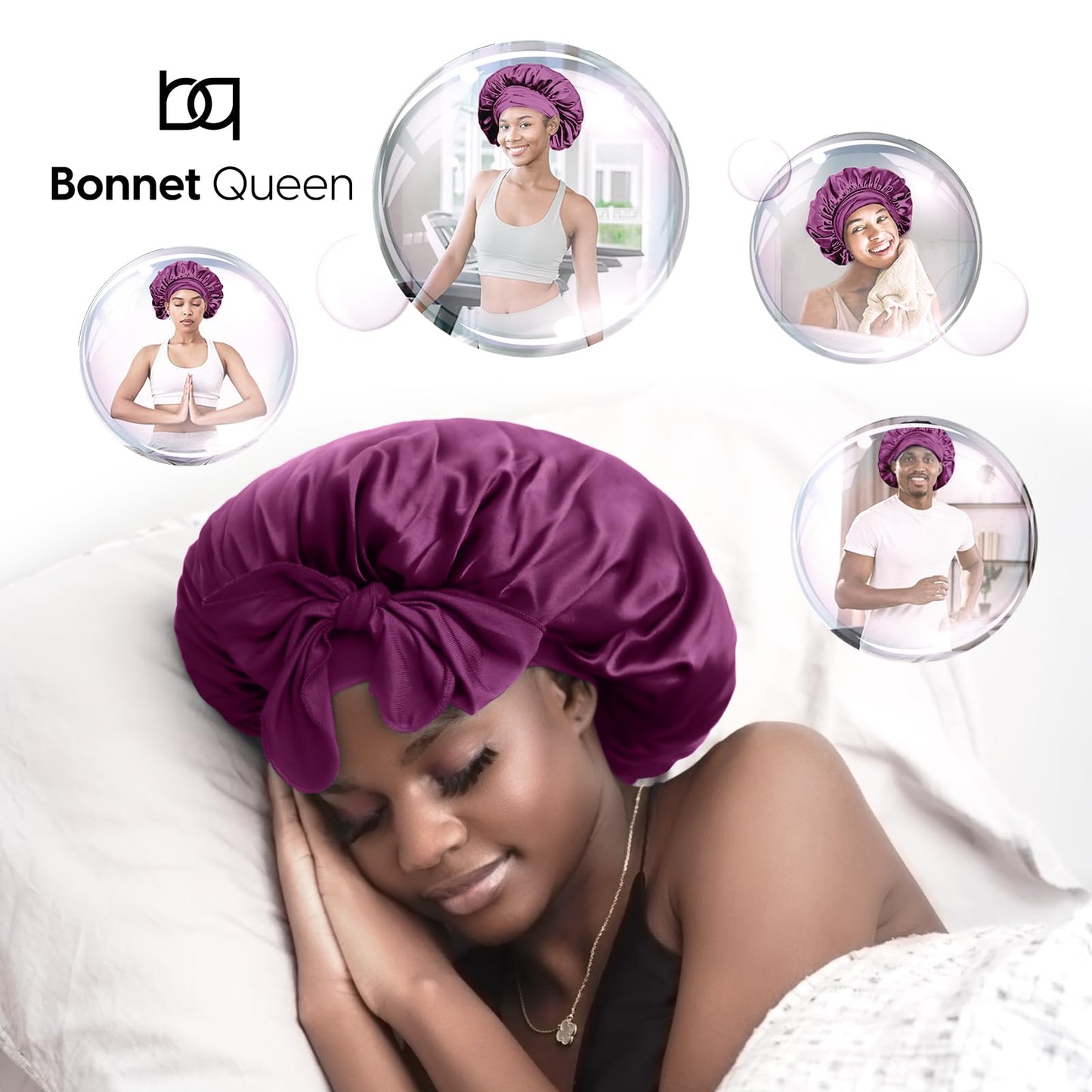 BONNET QUEEN Silk Bonnet for Sleeping Women Satin Bonnet Hair Bonnet Night Sleep Cap Scarf wrap for Curly Hair with tie Band Maroon