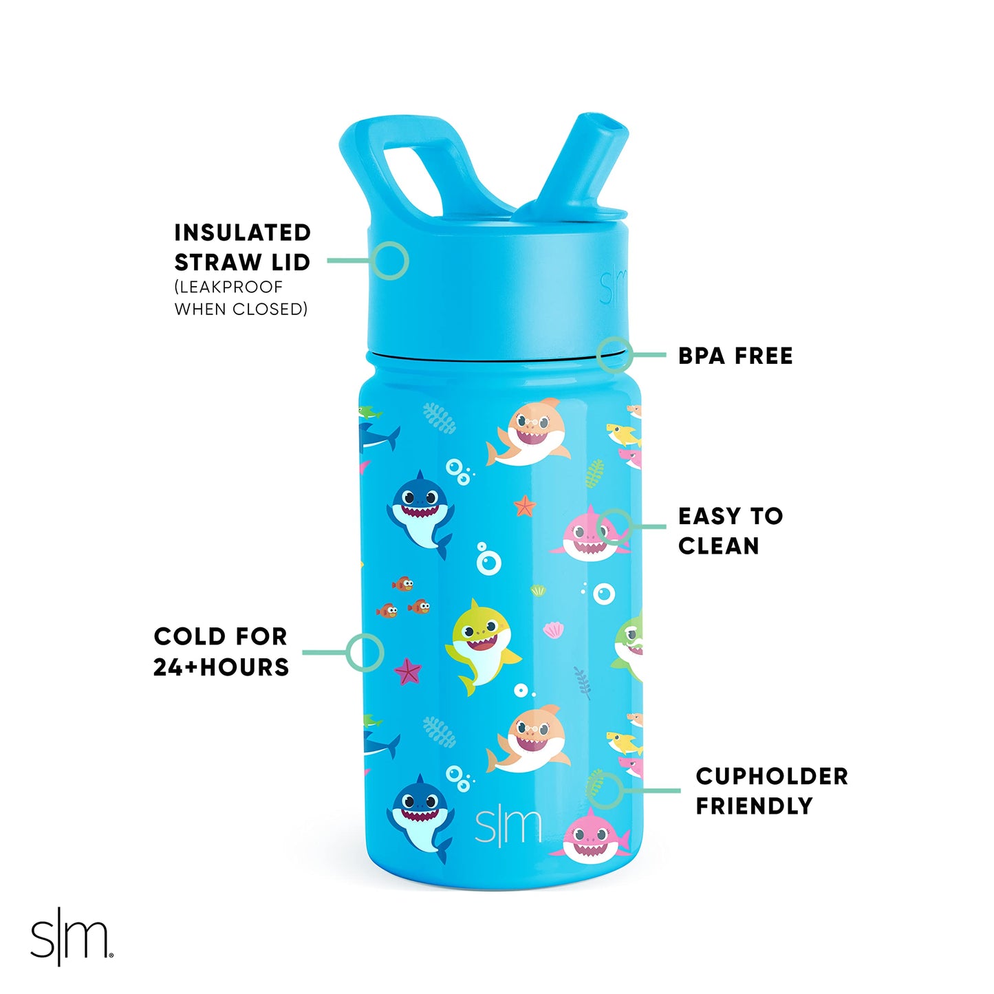 Simple Modern Baby Shark Kids Water Bottle with Straw Lid | Insulated Stainless Steel Reusable Tumbler for Toddlers, Boys | Summit Collection | 14oz, Baby Shark Friends