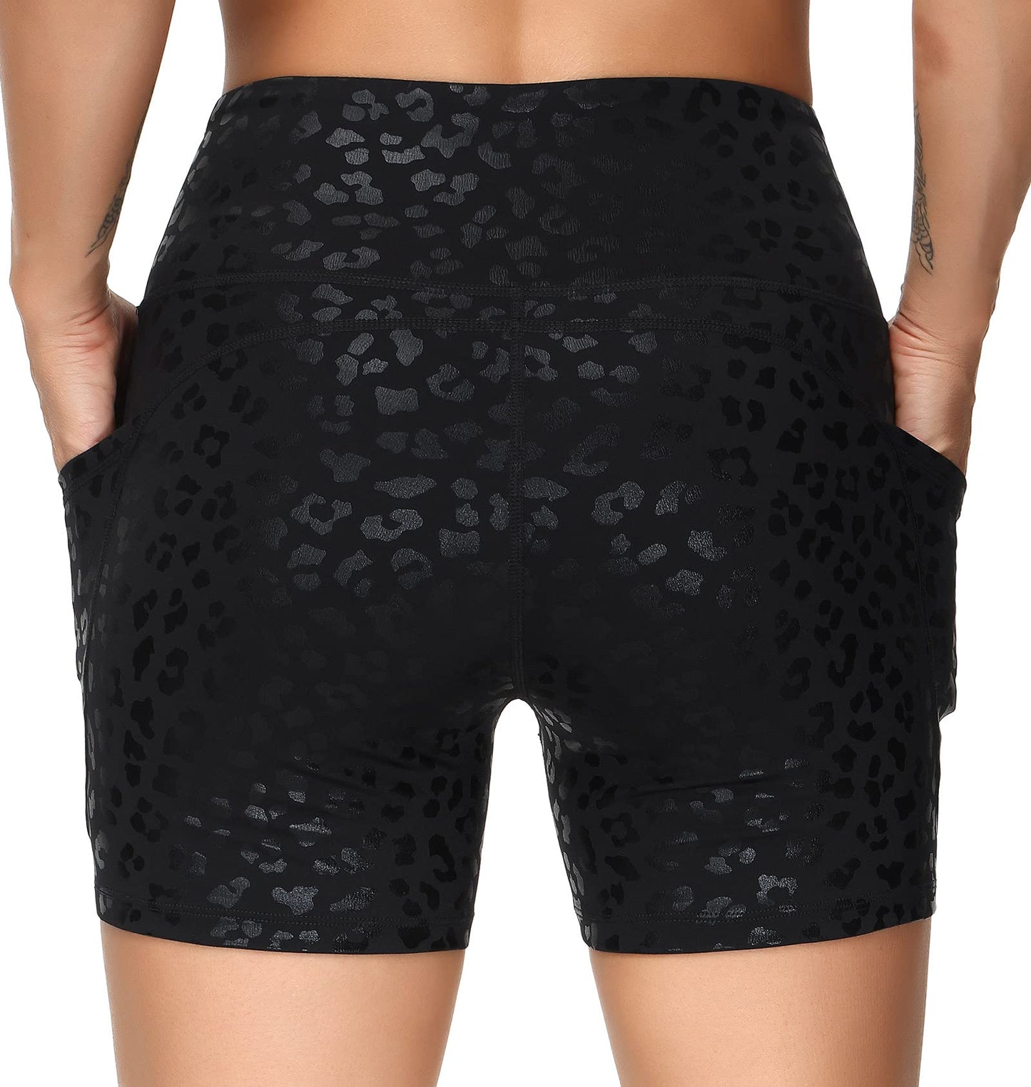 THE GYM PEOPLE High Waist Yoga Shorts for Women Tummy Control Fitness Athletic Workout Running Shorts with Deep Pockets (Small, Black spot Leopard)