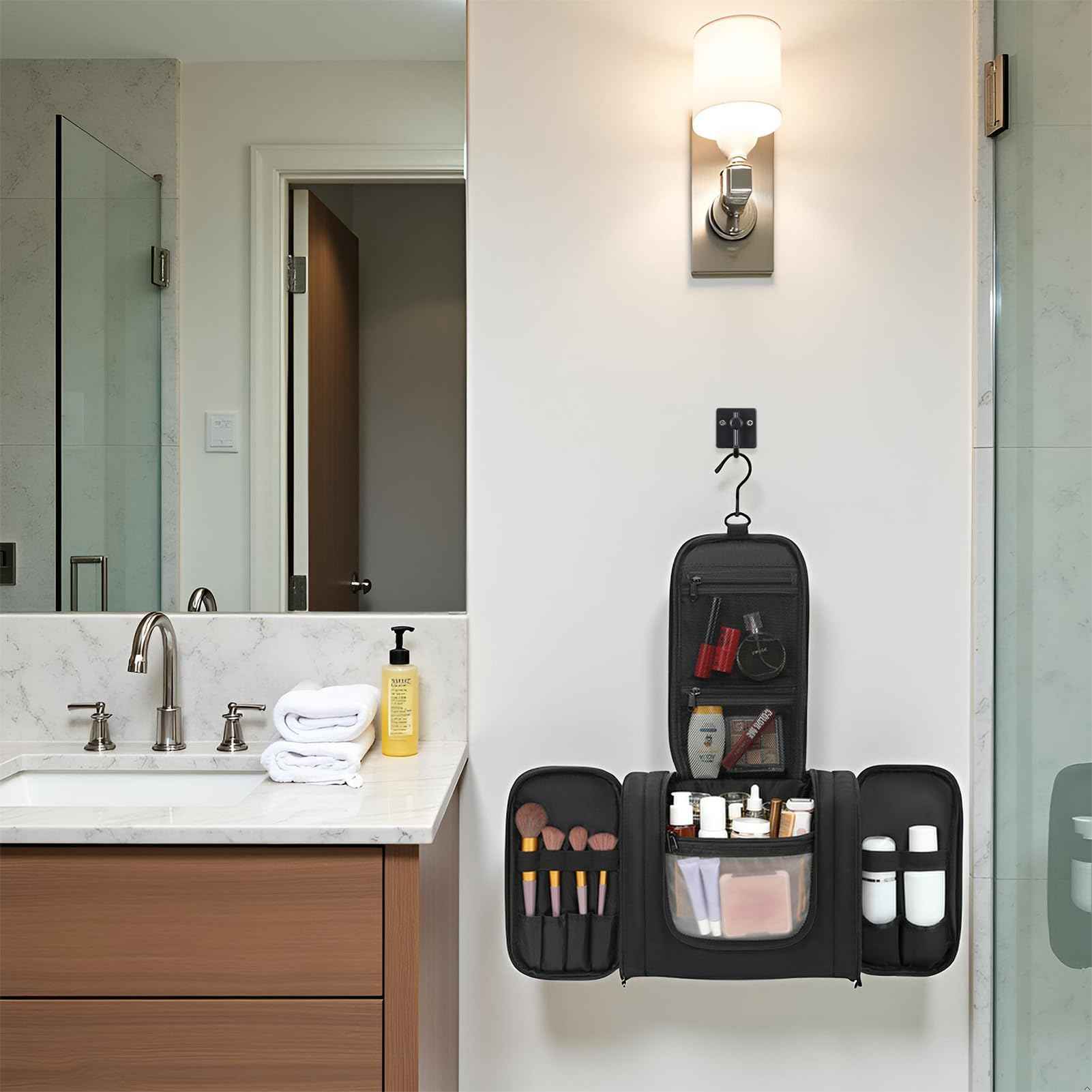 Pearl Angeli Hanging Toiletry Bag for Women, Large Makeup Cosmetic Bag, Water Resistant Toiletries Travel Essentials Organizer, Full-size Container, Black