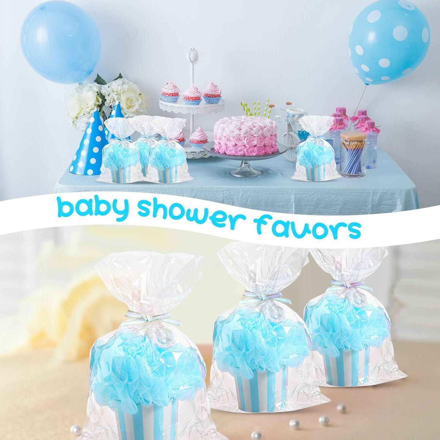 50 Set Baby Shower Loofahs Party Favors for Guests Include Bath Sponge Loofahs with Cupcake Gift Packaging Bow and Clear Plastic Bags for Baptism Gender Reveal Birthday Wedding Stuffers (Blue)