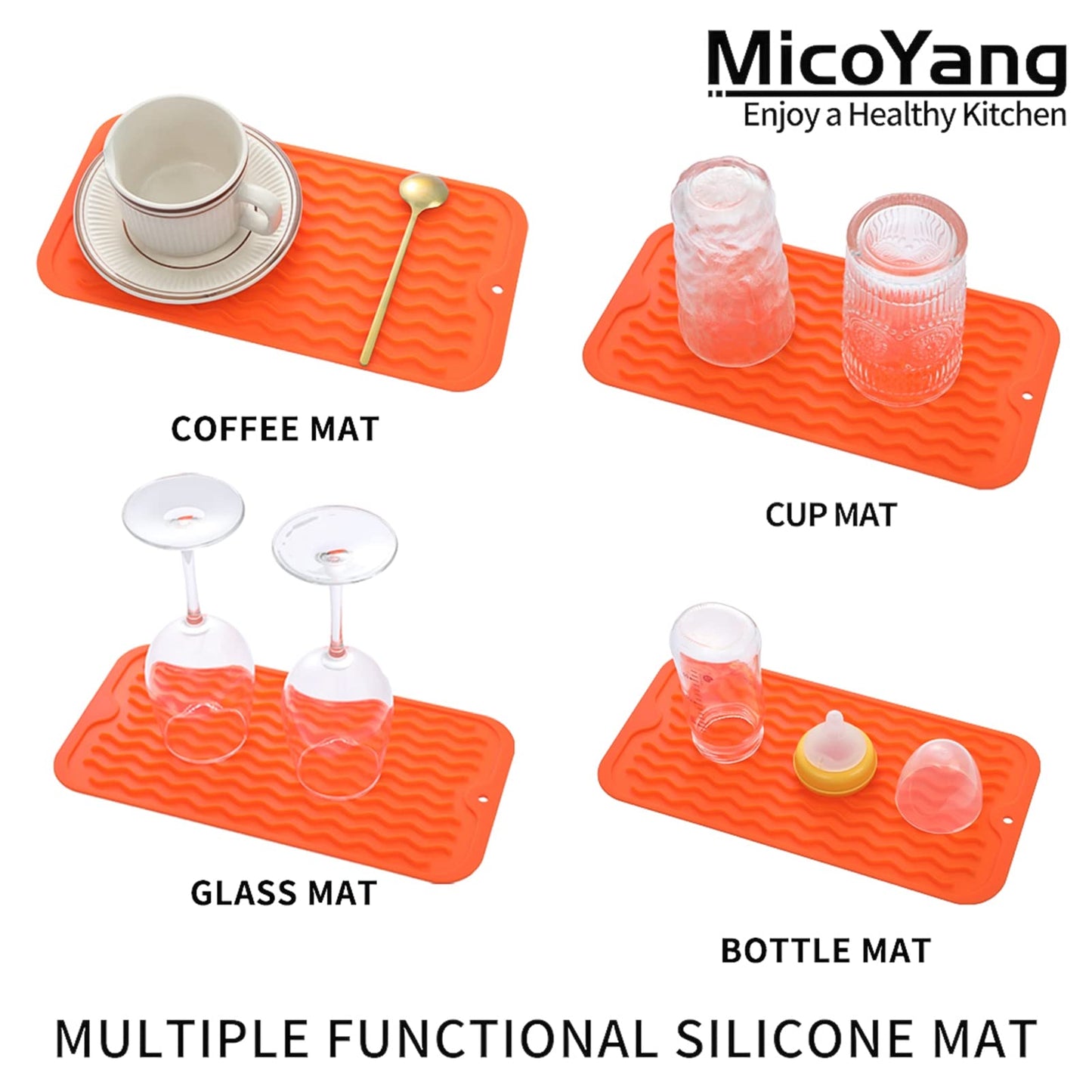 MicoYang Silicone Dish Drying Mat for Multiple Usage,Easy clean,Eco-friendly,Heat-resistant Silicone Mat for Kitchen Counter,Sink,Bar,Bottle,or Cup Orange S 12 inches x 6 inches