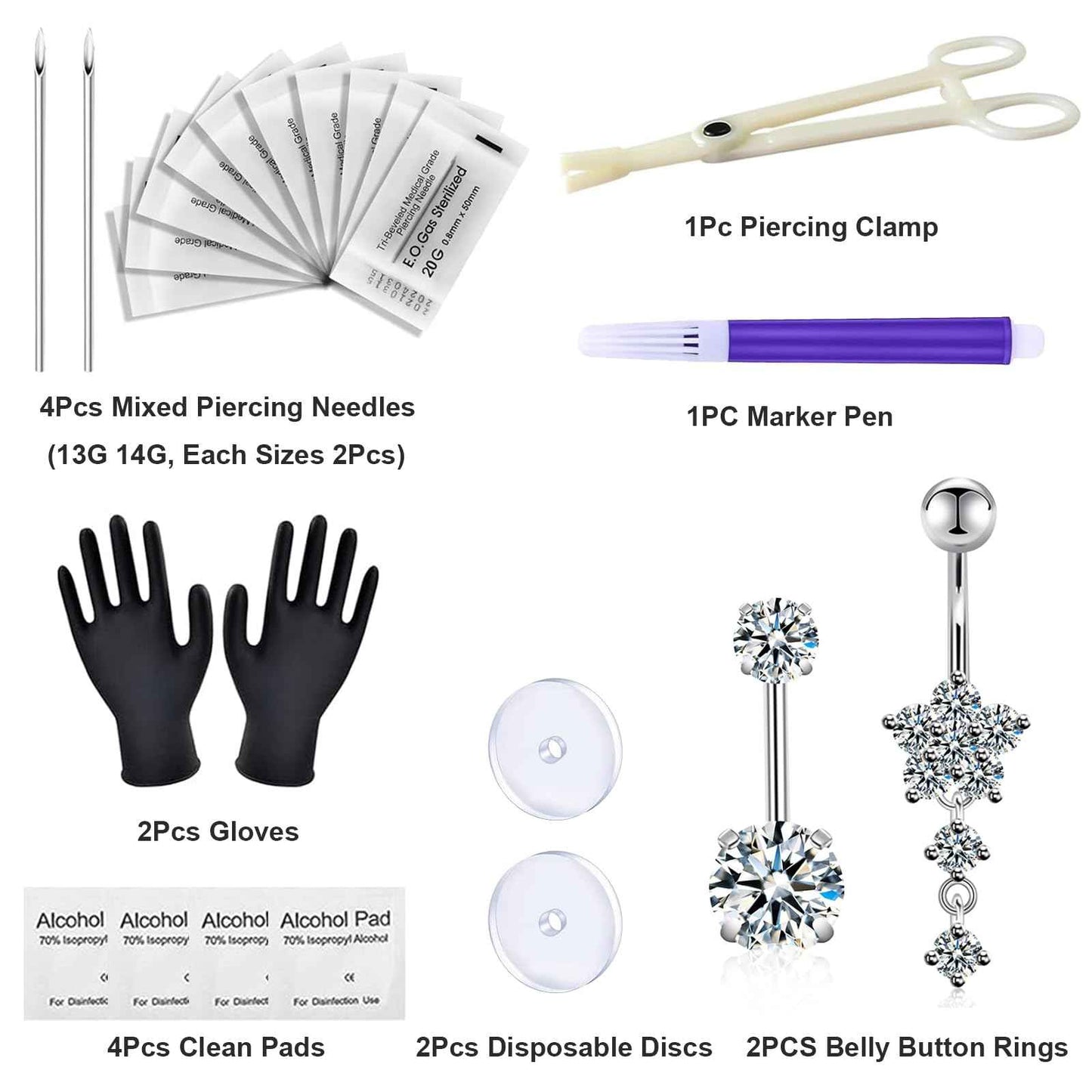 judero Belly Piercing Kit 16Pcs Belly Button Piercing Kit Includes 2Pcs 14G Belly Button Rings 1Piercing Clamp 4Piercing Kits 4Clean Pad 2Piercing Discs 1Marker Pen 2Gloves Piercing Supplies