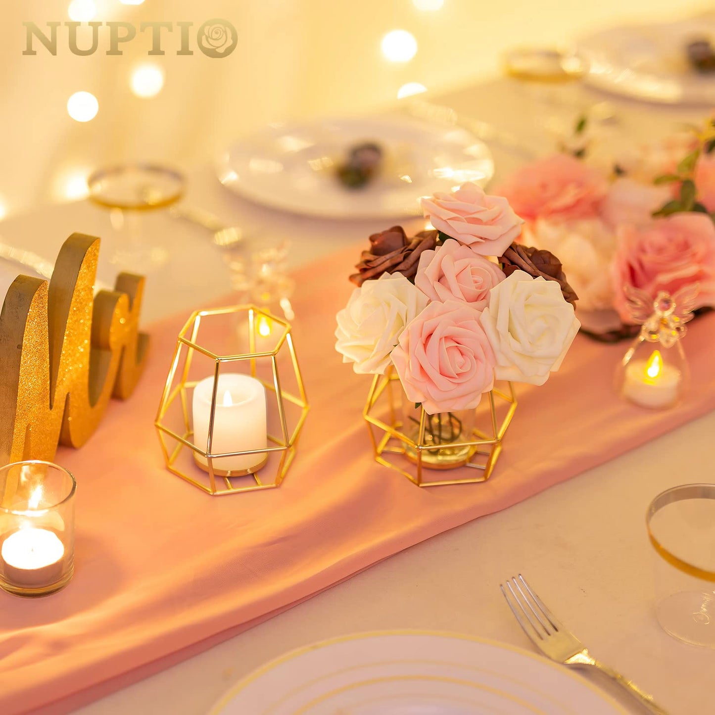 Nuptio Pillar Candle Holder Gold Candle Holders for Pillar Candles 6 Pcs Geometric Tealight Candle Holder Metal Candle Stand Table Centerpiece for Wedding Party Cafe Bar Home Decor