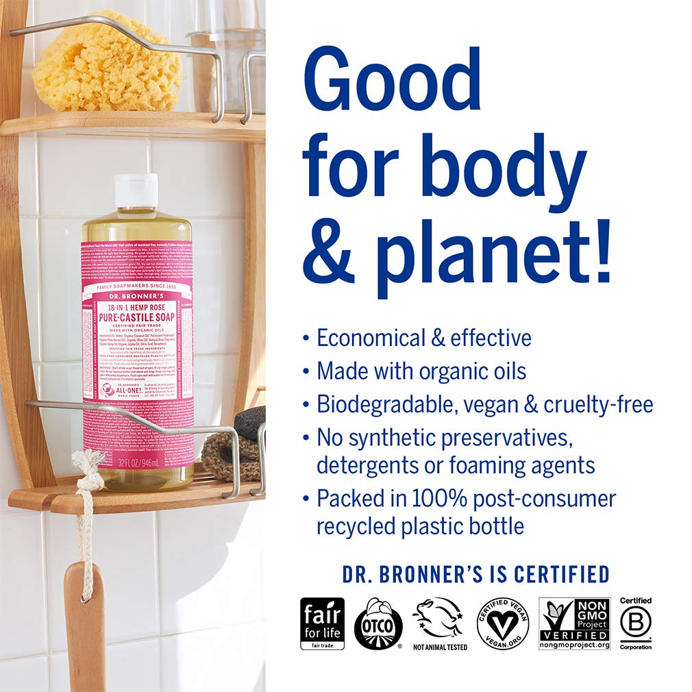 Dr. Bronner's - Pure-Castile Liquid Soap (Rose, 1 Gallon) - Made with Organic Oils, 18-in-1 Uses: Face, Body, Hair, Laundry, Pets and Dishes, Concentrated, Vegan, Non-GMO