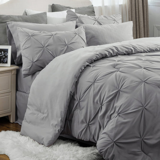 Bedsure California King Comforter Set - Cal King Bed Set 7 Pieces, Pinch Pleat Grey Cali King Bedding Set with Comforter, Sheets, Pillowcases & Shams