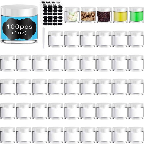 100 Set Plastic Jars Makeup Travel Makeup Container with Lids Small Storage Containers for Creams Toiletries Chalkboard Label Stickers Marker(1 oz,White)