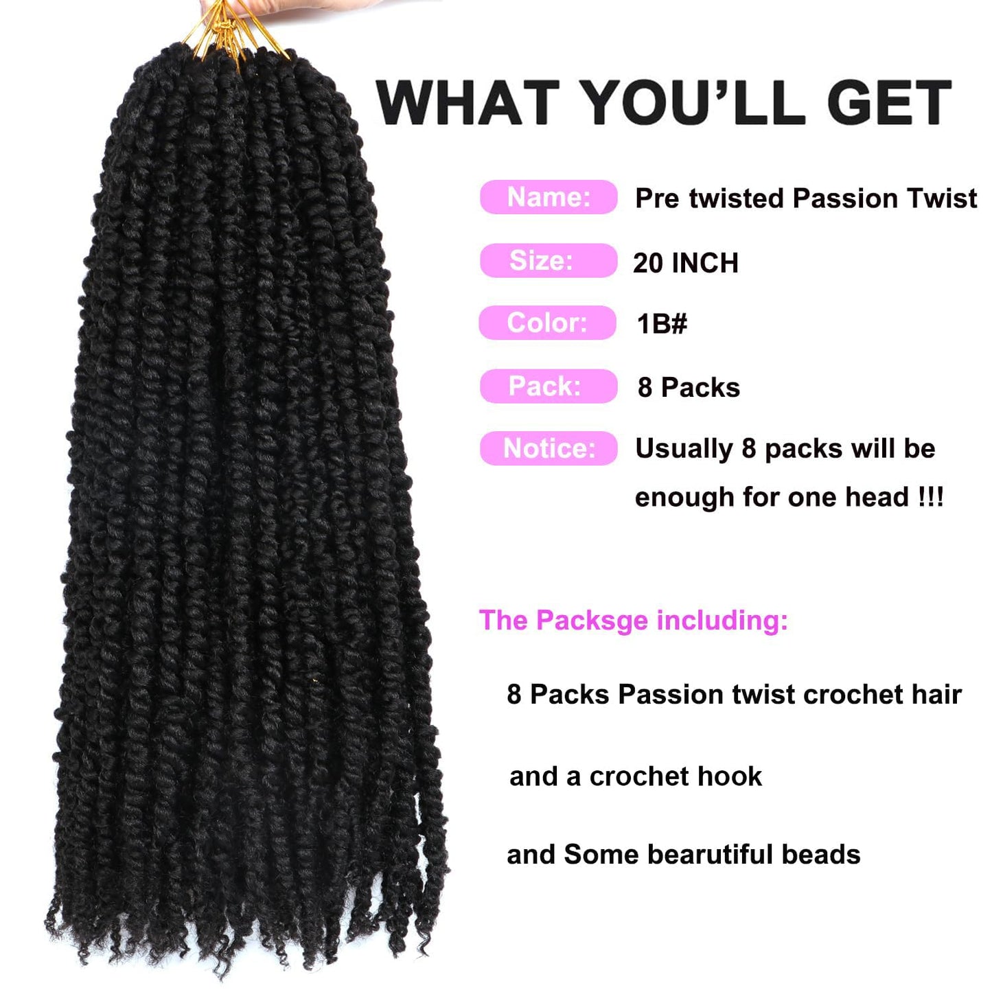 8 Packs Passion Twist Crochet Hair 20 Inch Prelooped Crochet Braids Pretwisted Spring Twist Crochet Hair for Black Women (20 Inch (Pack of 8), 1B#)