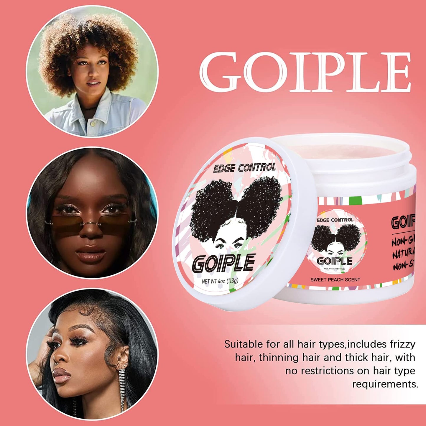Goiple Edge Control Wax for Women Strong Hold Non-greasy Smoother Edge Wax Styling Tamer Edge Control for Black Hair No Flaking, White Residue, Edge Control Set (Sweet Peach)