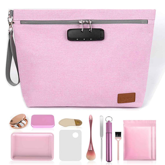 Pink Smell Proof Cosmetic Bag with 10 PCS Small Accessories, Water-Resistant Makeup Pouch with Combination Lock, Premium Organizers Storage Case, Great Gift for Women, Pink Set
