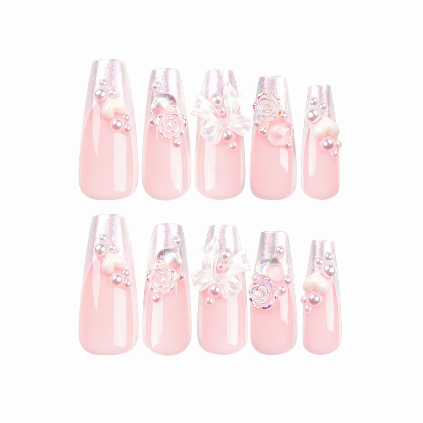 BABALAL French Tip Press on Nails Long Coffin Fake Nails White Chrome Glue on Nails 3d Bow Flower Pearl Charm Design Acrylic Nails 24Pcs Ballerina Manicure Spring False Nails for Women and Girls